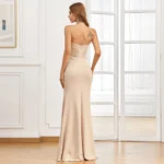 Champagne Satin Strapless Slit Dress - Image 4