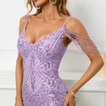 Purple Sequin Beaded V-Neck Maxi Dress - Image 4