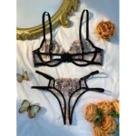 Black Leopard Embroidered Mesh Push-Up Lingerie Set - Image 2