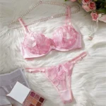 Pink Floral Embroidered Mesh Push-Up Lingerie Set