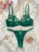 Dark Green Floral Embroidered Mesh Push-Up Lingerie Set - Image 3