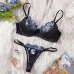 Black & Blue Mesh Embroidered Push-Up Lingerie Set