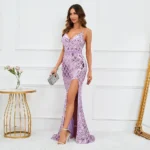 Purple Sequin Slit Beaded Maxi Dress - Image 3