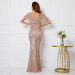 Gold Sequin V Neck Long Maxi Dress - Image 4