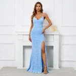 Blue Sequin Backless V Neck Slit Dress