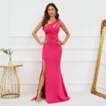 Rose Red Satin Slit Beaded Maxi Dress