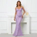 Purple Sequin Beaded V-Neck Maxi Dress