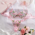 Pink Floral Embroidered Mesh Lingerie Set