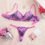 Purple Red Floral Lace Push-Up Mesh Lingerie Set