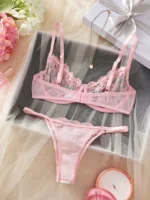 Pink Floral Embroidery Push-Up Mesh Lingerie Set - Image 2