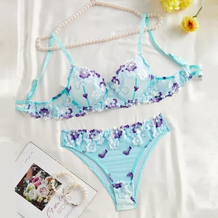 Sea Blue Floral Embroidered Push-Up Lingerie Set