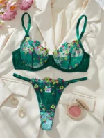Dark Green Floral Embroidered Mesh Push-Up Lingerie Set - Image 2