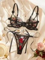 Black Red-Lip Embroidery Mesh Lingerie Set - Image 2