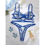 Blue Floral Embroidered Mesh Lingerie Set - Image 2