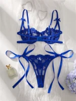 Blue Floral Embroidered Tulle Push-Up Lingerie Set - Image 2