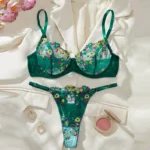 Dark Green Floral Embroidered Mesh Push-Up Lingerie Set