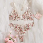 Elegant Beige Floral Lace Ultra Thin Lingerie Set - Image 2