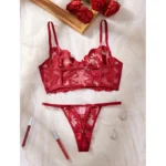 Wine Red Embroidery Rhinestone Lingerie Set - Image 2