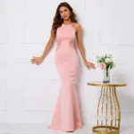 Pink Beaded O-Neck Mermaid Maxi Dress