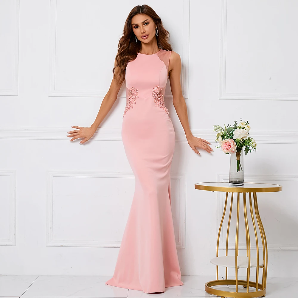 kf-S404822b53ebd44e28f643df911f2197f2-1 Pink Beaded O-Neck Mermaid Maxi Dress - Image 1