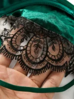 Elegant Dark Green Embroidery Velvet Lingerie Set - Image 4