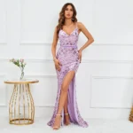 Purple Sequin Slit Beaded Maxi Dress