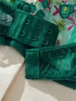 Dark Green Floral Embroidered Mesh Push-Up Lingerie Set - Image 5