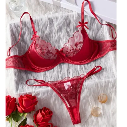 Hot Girl Red Ultra Thin Embroidery Lingerie Set