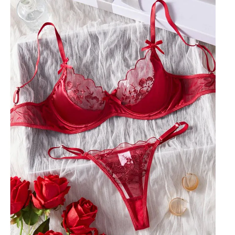 kf-S4b3045324d9448359fabd808d70be0a86.webp Hot Girl Red Ultra Thin Embroidery Lingerie Set - Image 1