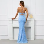 Blue Sequin Backless V Neck Slit Dress - Image 2
