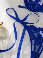 Blue Floral Embroidered Tulle Push-Up Lingerie Set - Image 4