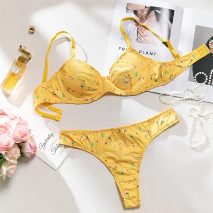 Yellow Pastoral Floral Push-Up Lingerie Set