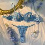 Light Blue Floral Embroidered Mesh Lingerie Set