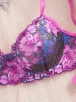 Purple Red Floral Lace Push-Up Mesh Lingerie Set - Image 3