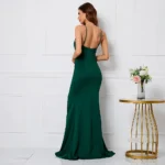 Green Strap Ruched Satin Slit Maxi Dress - Image 4
