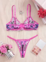 Purple Red Floral Lace Push-Up Mesh Lingerie Set - Image 2