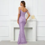 Purple Sequin Beaded V-Neck Maxi Dress - Image 2