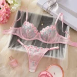 Pink Floral Embroidery Push-Up Mesh Lingerie Set