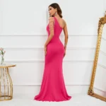 Rose Red Satin Slit Beaded Maxi Dress - Image 4