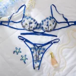 Blue Floral Embroidered Mesh Lingerie Set