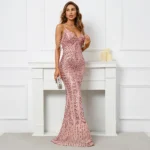 Pink Sequin Beaded V Neck Maxi Dress - Image 4