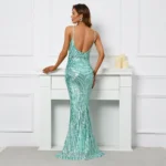 Green Sequin V Neck Maxi Party Dress - Image 2