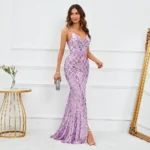 Purple Sequin Slit Beaded Maxi Dress - Image 4