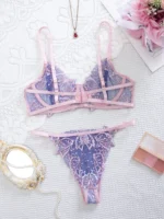 Pink & Purple Floral Embroidered Mesh Lingerie Set - Image 2