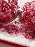 Wine Red Tulle Embroidered Mesh Lingerie Set - Image 5