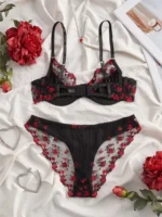 Black Rose Embroidered Tulle Push-Up Lingerie Set - Image 2