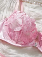 Pink Floral Embroidered Mesh Push-Up Lingerie Set - Image 3
