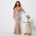 Gold Sequin V Neck Long Maxi Dress - Image 3