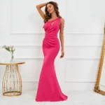 Rose Red Satin Slit Beaded Maxi Dress - Image 3