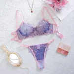 Pink & Purple Floral Embroidered Mesh Lingerie Set